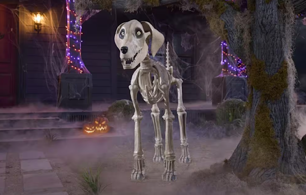 Skelly, Home Depot's 12-foot skeleton, gets a dog — and he's a very good boy
