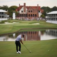 Collin Morikawa of the United States plays a shot on the 18th hole during the second round of the Tour Championship at East Lake Golf Club in Atlanta, Georgia on Friday.