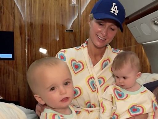 Paris Hilton Twins with Son Phoenix and Daughter London in Matching Pajamas Aboard Private Jet