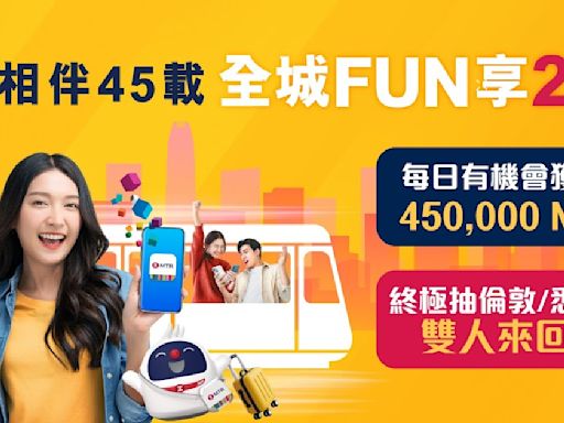 港鐵明日（即9⽉5⽇）起啟動「全城FUN 享2 重賞」，送出MTR 分總額超過3億及累積抽獎機會贏雙⼈來回機票