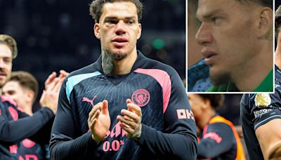 Ederson seen with nasty black eye as he cries after collision in Man City win