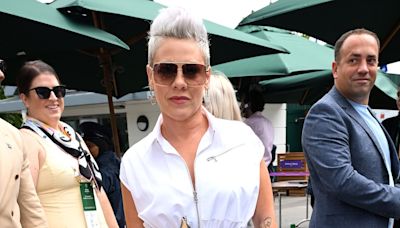 Pink looks edgy in a white zip-up dress at day 12 of Wimbledon