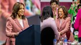 Vice President Kamala Harris Pays Homage to Her Alpha Kappa Alpha Sorority in Pink Suit and Pearls in Dallas