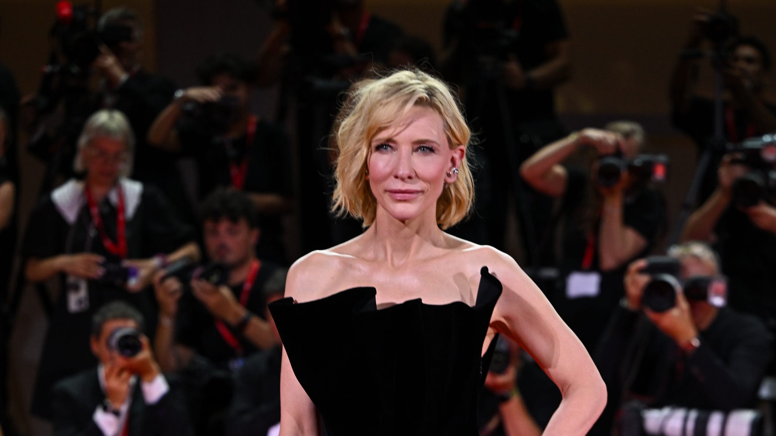 Cate Blanchett Embraces the Venice Dramatics in a Black Velvet Gown