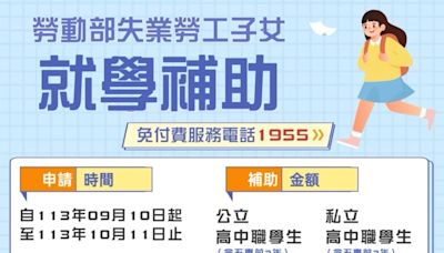 竹市113學年度第1學期失業勞工子女就學補助 受理申請至10月11日