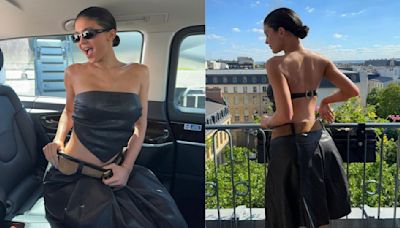 Kylie Jenner pulls off bold all-leather look in a backless handkerchief top and skirt; take cues