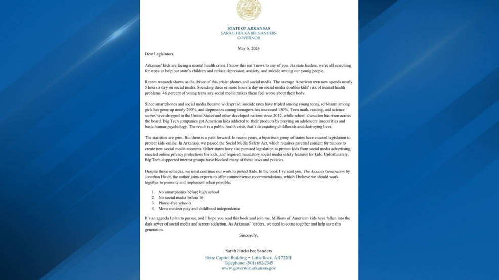 Governer Sanders sends out letter to public officials about youth, social media plan