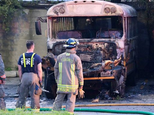 No injuries after school bus catches fire behind grocery store in North York