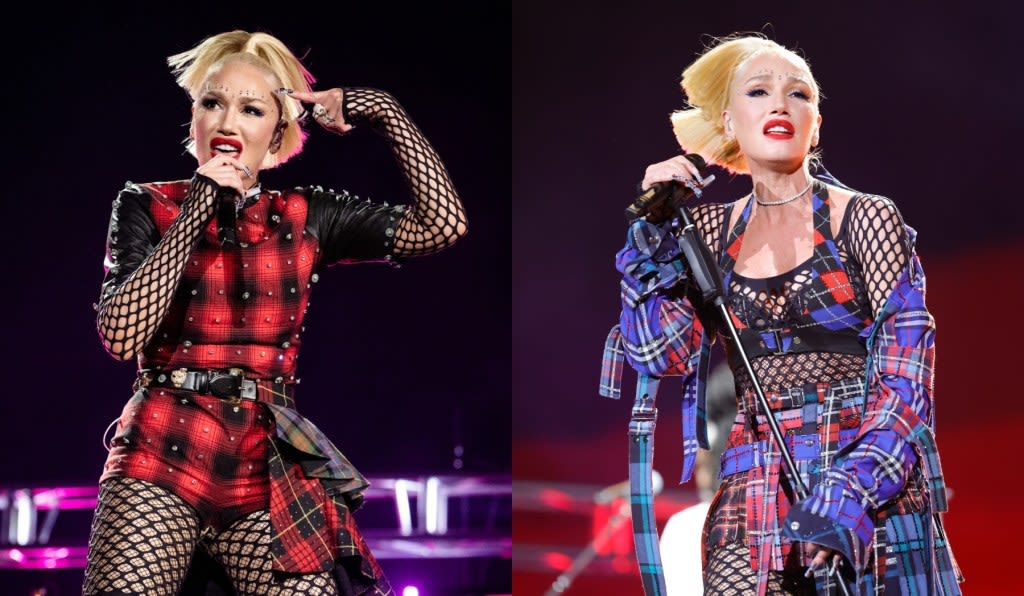 Gwen Stefani Rocks Coachella Weekend Two in Punk-inspired Plaid Bodysuit and Blazer