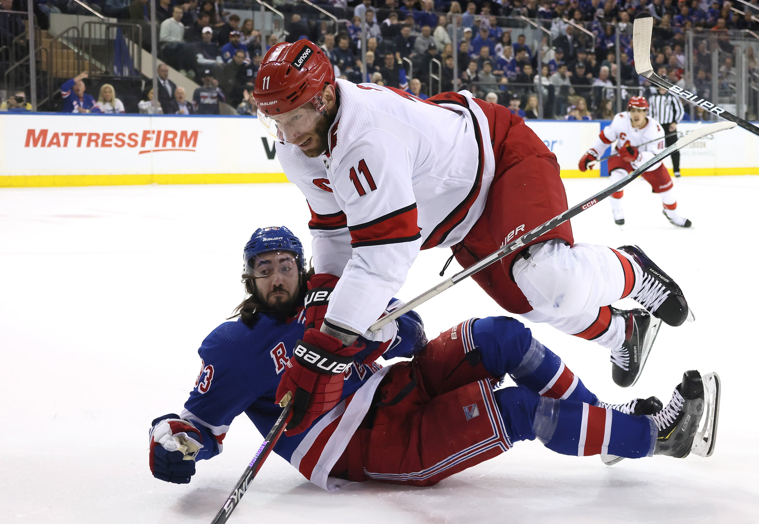 Mika Zibanejad and Igor Shesterkin lead Rangers to 4-3 victory over Hurricanes in Game 1 of Eastern Conference semifinals