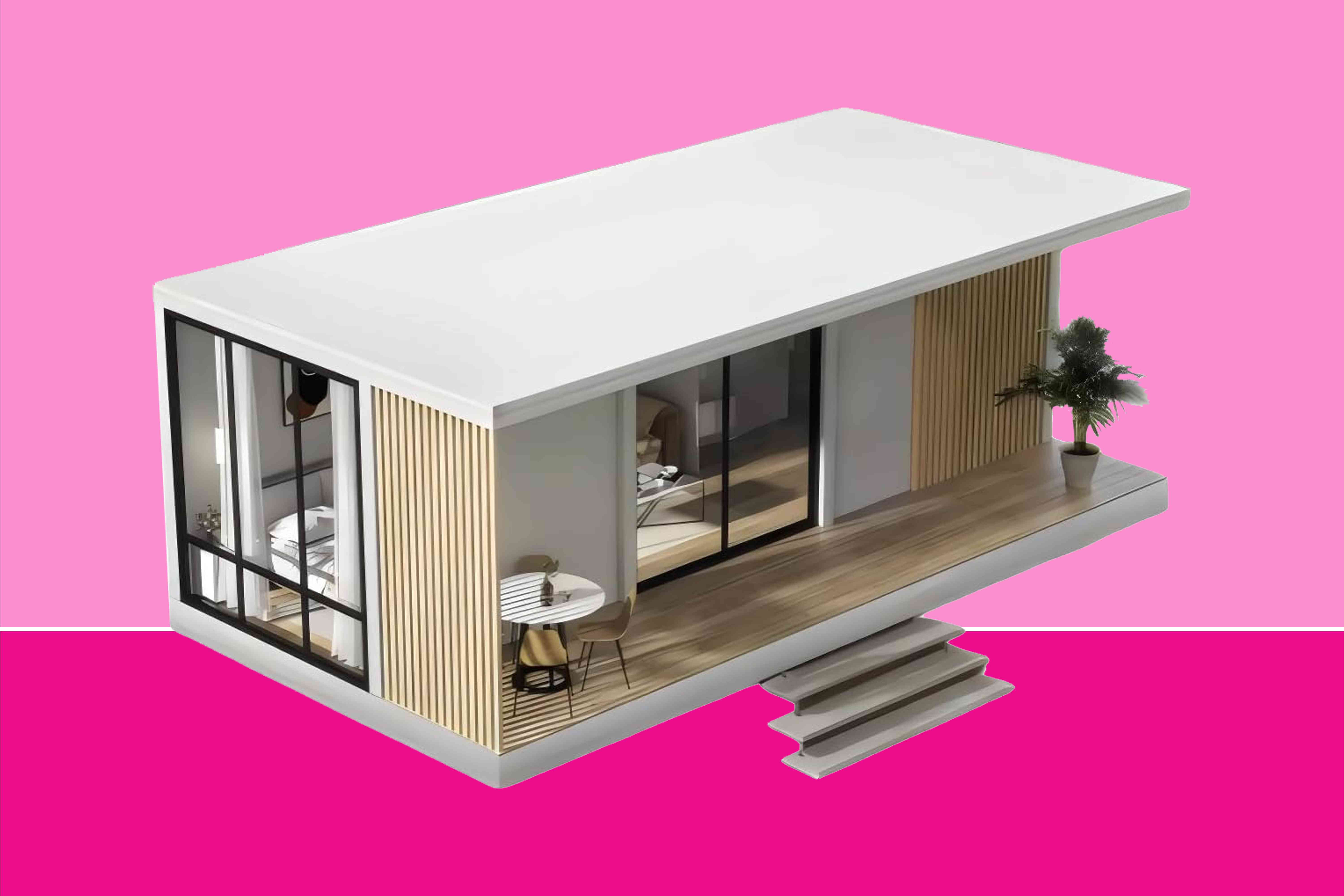 This Modern Tiny Home with Electric Curtains, a Digital Shower, and a Front Patio is Available Now at Amazon