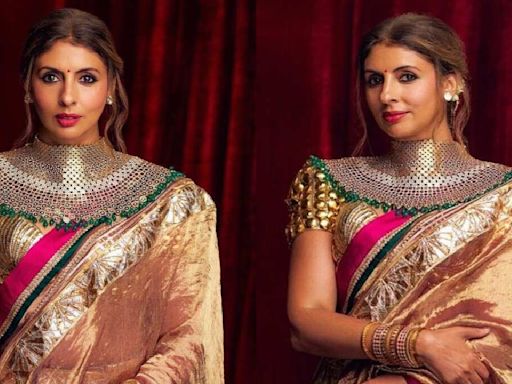 Anant-Radhika Wedding Rewind: Shweta Bachchan's Byzantine blouse and Jadau necklace by AJSK is avant-garde, a stunning case of maximalism