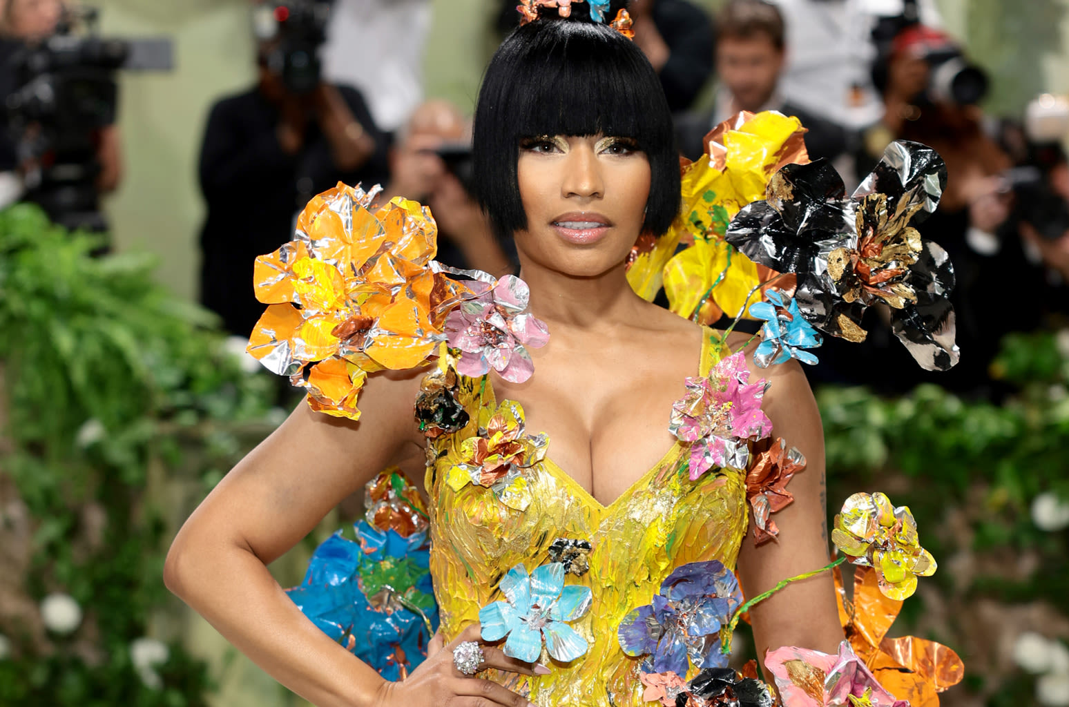 Nicki Minaj Blossoms in Golden Floral Dress at 2024 Met Gala