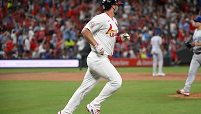 .... Louis Cardinals watches his two-run home run against the Chicago Cubs in the third inning at Busch Stadium on Sunday, May 26, 2024, in St Louis, Missouri.