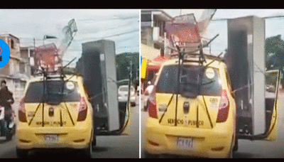 Taxista genera críticas al llevar una refrigeradora y mecedoras en su vehículo: “Irresponsable al volante”