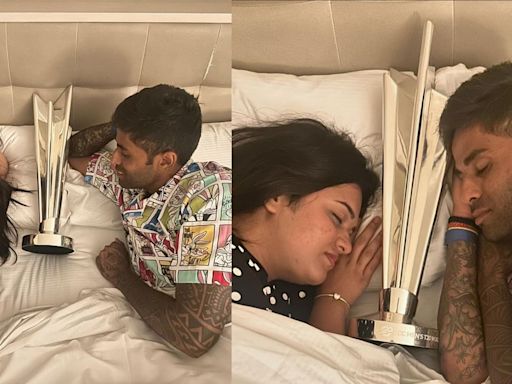 Viral Pics: Suryakumar Yadav And Wife Devisha Shetty Sleep With T20 WC Trophy After India's Triumph