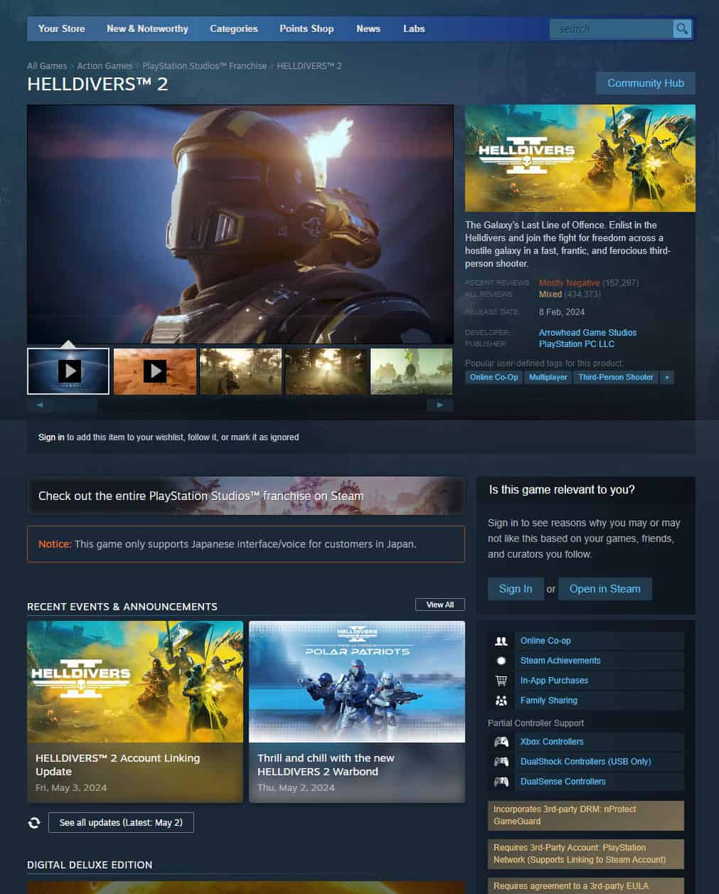 Helldivers 2 has been removed from Steam for players in non PSN supported countries