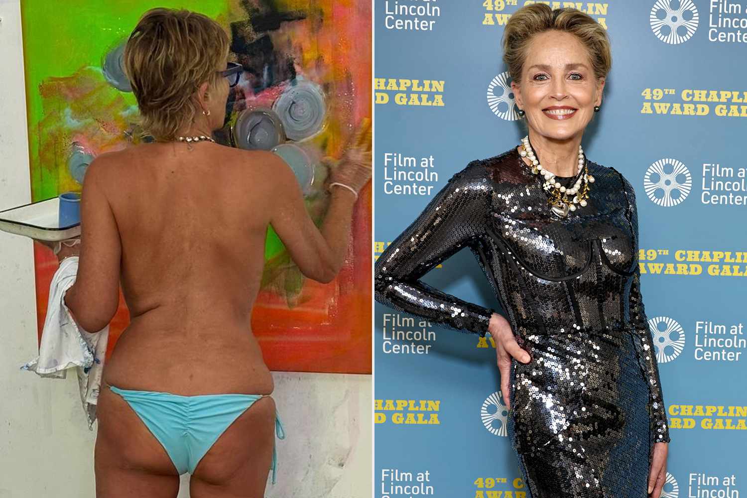 Sharon Stone, 66, Goes Topless and Wears Cheeky String Bikini Bottoms for Poolside Painting Session