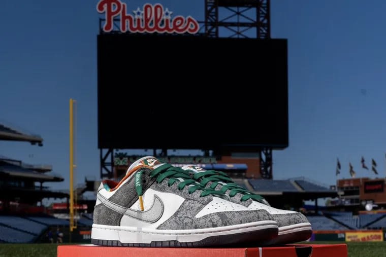 Bryson Stott and the Phillie Phanatic help unveil the Nike Dunk low ‘Philly’ shoe