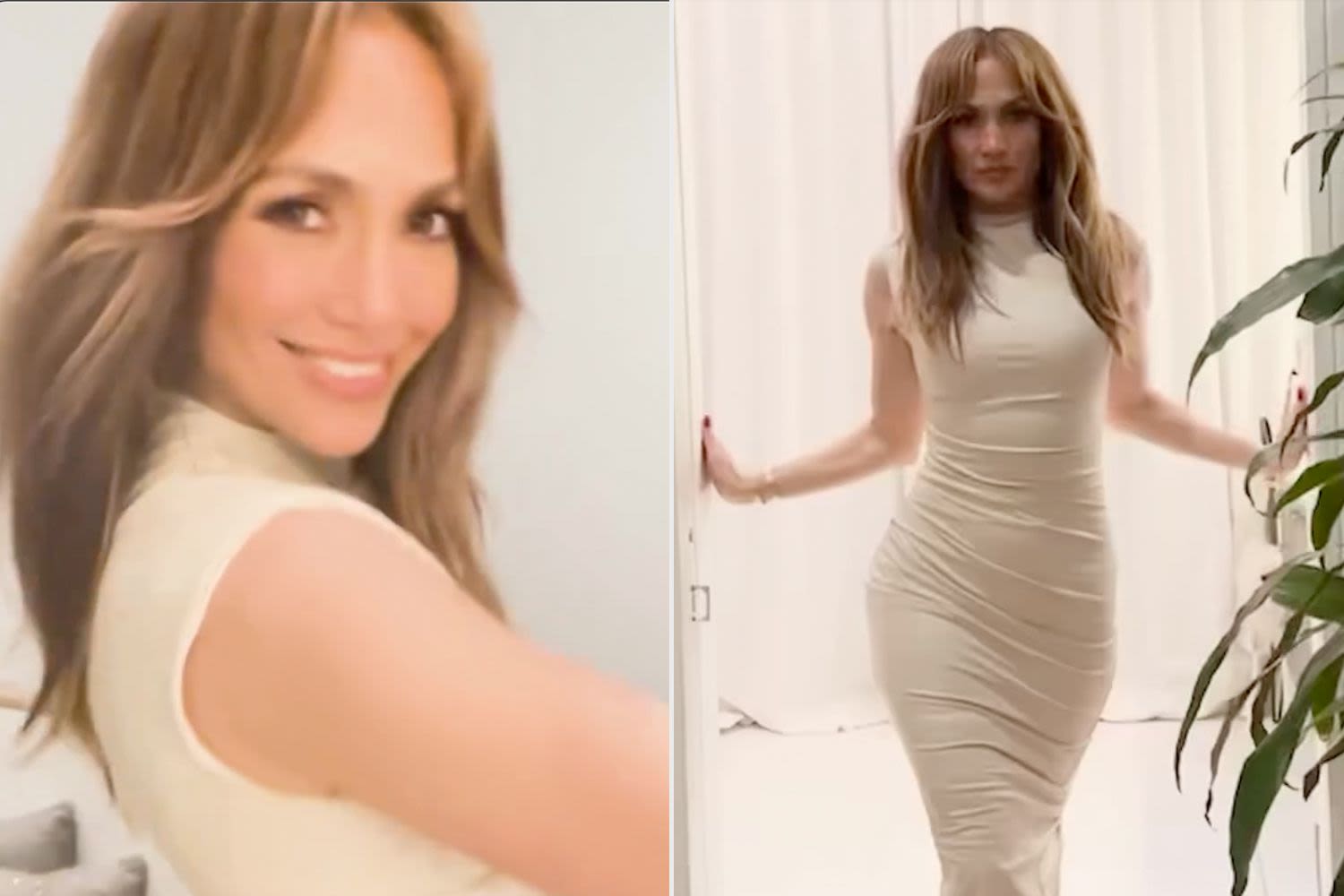 Jennifer Lopez Rocks Cream Bodycon Dress as She Struts Ahead of 'Mom’s Night Out'