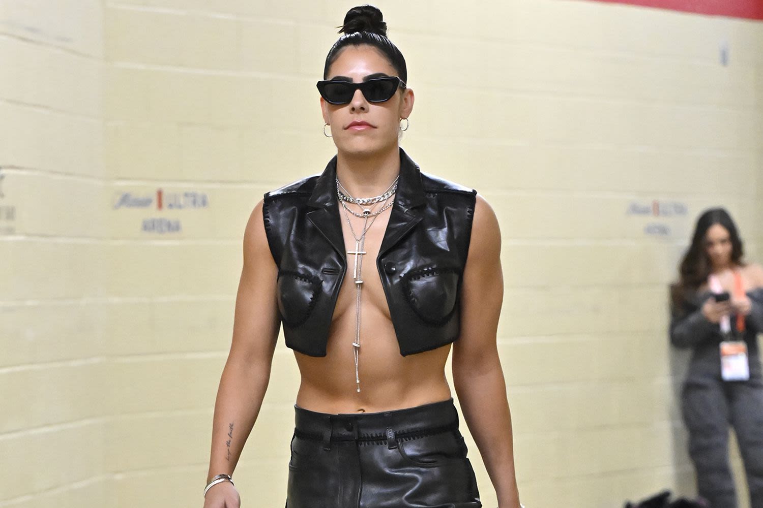 WNBA Star Kelsey Plum Ditches Bra in Leather Vest at Season Opener: See Her Breakover Style Moment