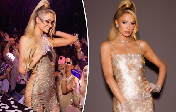 Paris Hilton is the ‘It Girl blueprint’ in laced-up sequined dress while previewing new album