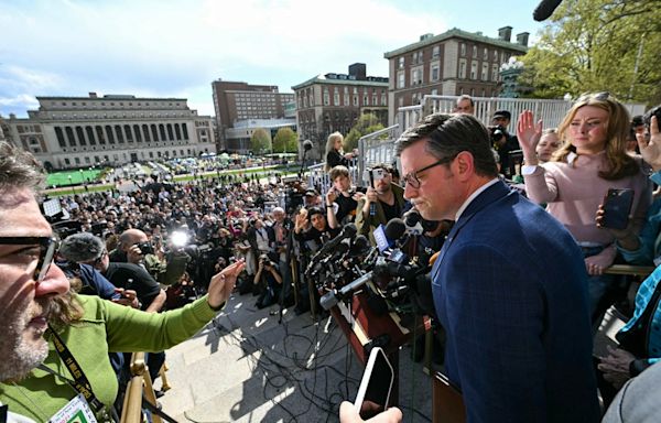 Speaker Mike Johnson booed at Columbia University as he calls for president to quit unless pro-Palestine protests quelled