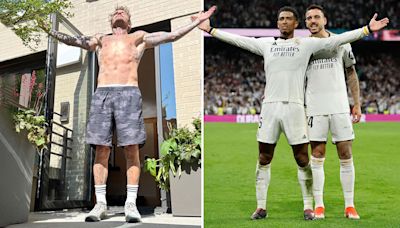 Ripped David Beckham bizarrely strips off to mimic Jude Bellingham's celebration