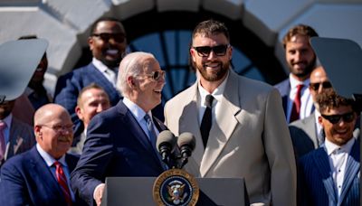 Travis Kelce Jokes He Might Get Tased After President Biden Invites Him to the Podium