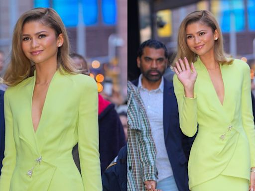 Zendaya Lights Up ‘Live With Kelly and Mark’ in Tennis Ball-green Vintage Mugler Skirt Suit, Talks New ‘Challengers’ Movie