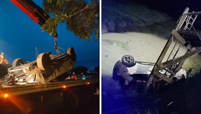 Dramatic pictures as emergency service descend after car crashes into creek