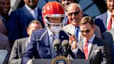 President Biden tries on Chiefs helmet; Travis Kelce jokes about last year's antics during White House visit