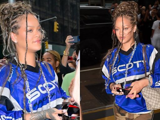 Rihanna Puts Luxe Spin on the Jersey Trend With Diamond Chain and Gucci Bag While Embracing Bohemian Blond Braids