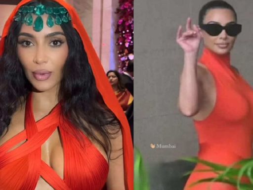 Kim Kardashian dazzles in two fiery red ensembles: a veiled Gaurav Gupta gown at Anant and Radhika’s post-wedding gala, and a sporty maxi dress for a day out