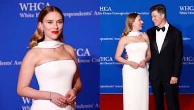 Scarlett Johansson Shines in White Armani Privé Gown on White House Correspondents’ Dinner 2024 Red Carpet With Colin Jost