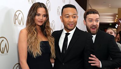 Justin Timberlake Hugs John Legend as He and Chrissy Teigen Attend His NYC Concert