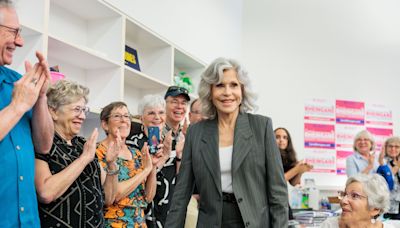 Jane Fonda campaigning for Kamala Harris in Ann Arbor