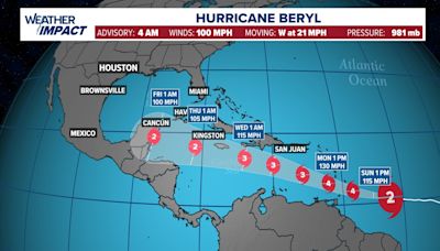 Hurricane Beryl strengthens as it continues track to the west