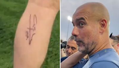 Watch moment Pep Guardiola tells fan ‘your wife will kill me’ after tattoo stunt
