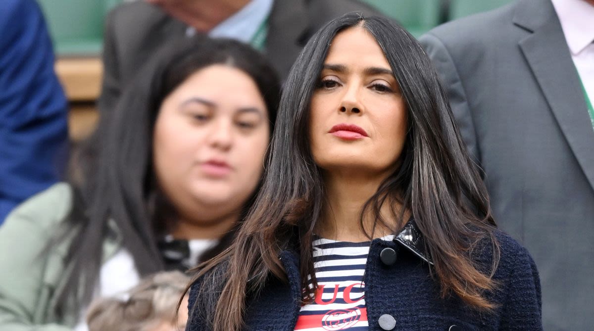 Salma Hayek Perfects Wimbledon Chic by Pairing a $3,500 Tweed Blazer With a Striped Gucci Shirt