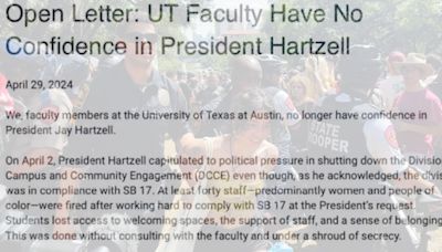 Over 600 UT Austin faculty sign letter of no-confidence in President Hartzell