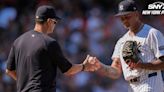 Aaron Boone, Luis Gil and Aaron Judge following Yankees 17-5 loss vs. Orioles