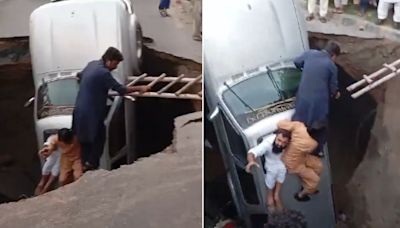 VIDEO: Huge Sinkhole Swallows 3 Vehicles In Lahore, Narrow Escape For Motorists