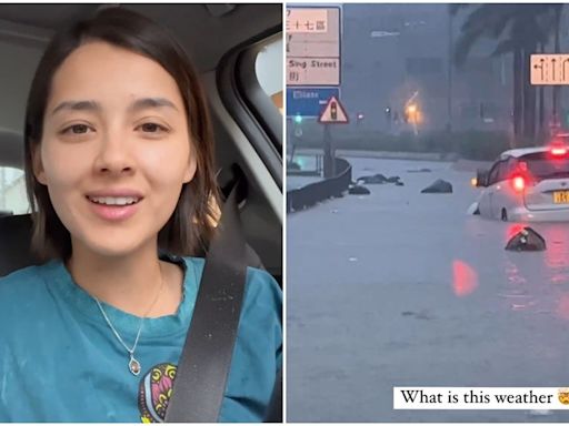 將軍澳暴雨｜謝嘉怡風雨不改揸車返TVB開工 直擊前車輪軚被淹沒