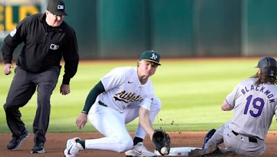 ...sliding in ahead of the throw to Zack Gelof of the Oakland Athletics in the first inning at the Oakland Coliseum on Wednesday, May 22, 2024, in Oakland, California.