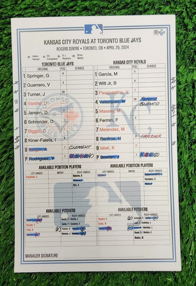 Authenticated Game Used Lineup Card: Apr 29, 2024 vs KCR - Justin Turner had 2 HRs and Addison Barger recorded his 1st MLB Hit.