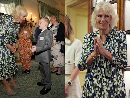 Queen Camilla Favors Fiona Clare Midi Dress With Romantic Floral Prints at National Literacy Trust Celebration