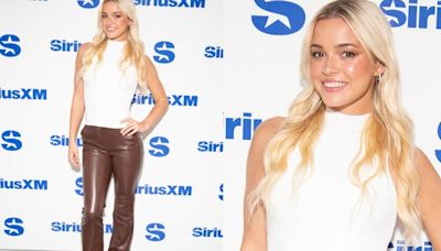 Livvy Dunne Embraces Pantone’s Seasonless Color Trend in Rum Raisin Leather Pants at SiriusXM Studios for ‘The Money Game...