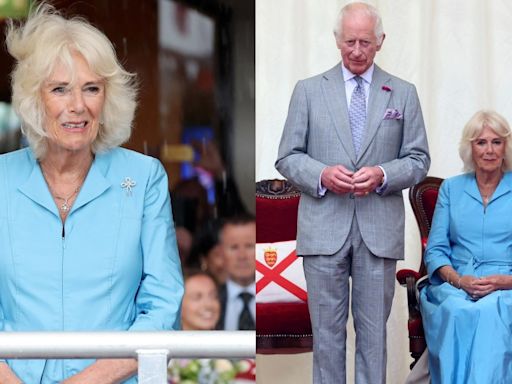 Queen Camilla Brightens Jersey in Vibrant Turquoise Anna Valentine Dress During Visit With King Charles