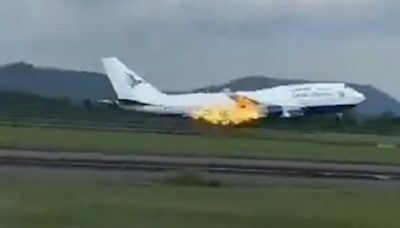 Boeing plane engine bursts into flames during takeoff